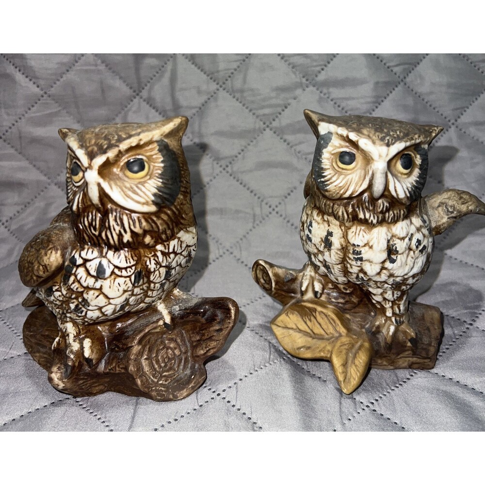 Vtg Set 2 Homco Owl Figurines On Branches #1114 Ceramic 5" Tall Stickers As Pic